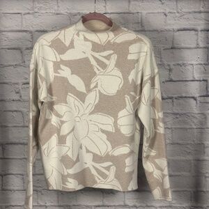 Tahari Beige and Cream Floral Jacquard Mock Neck Sweater